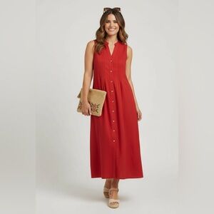 Valentina Naldi Italy Red Linen Sleeveless Button‎ Front Midi Dress Size Medium